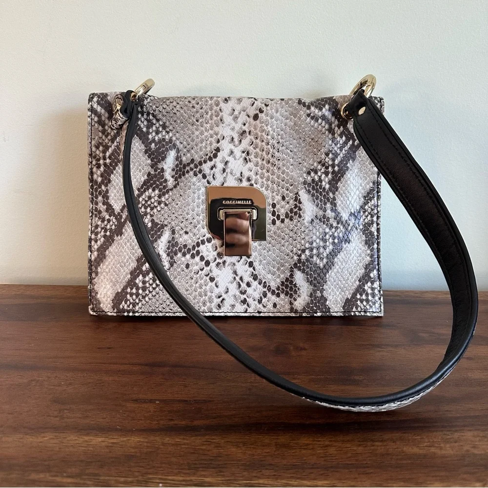 NWOT. Coccinelle Gray Snakeskin Crossbody Bag with Gold Hardware. Leather. - Picture 1 of 10